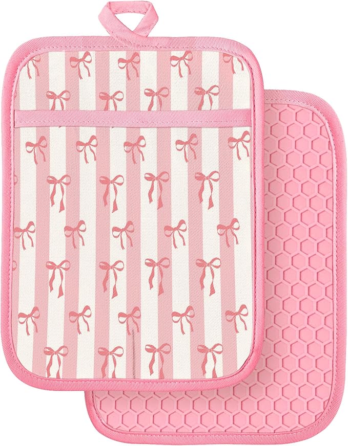 Slohif Silcone Bow Pot Holders for Kitchen - 100% Cotton Pink Cute Oven Potholders with Pockets, Heat Resistant Square Thick Hot Pads, House New Home Baking Baker Gifts,2pack