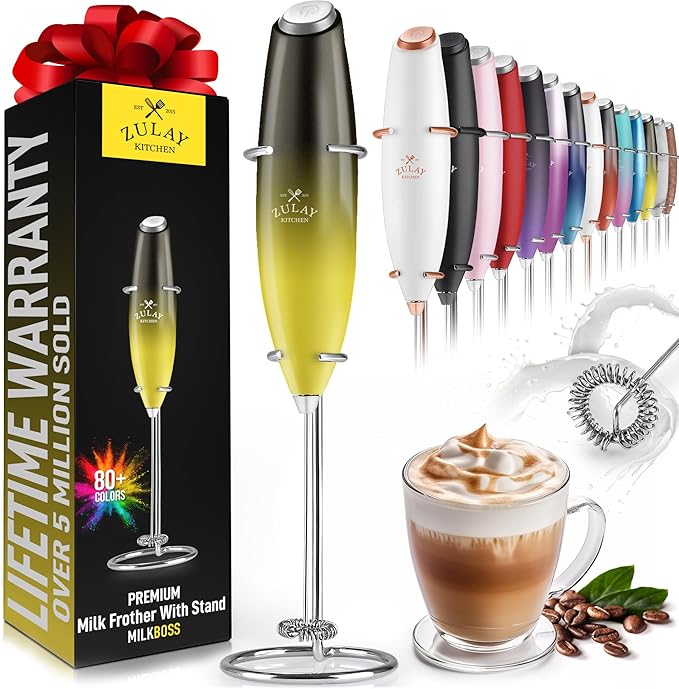 Zulay Kitchen Powerful Milk Frother Wand - Ultra Fast Handheld Drink Mixer - Electric Whisk Foam Maker for Coffee, Lattes, Cappuccino, Matcha & Creamer - Honey Bee
