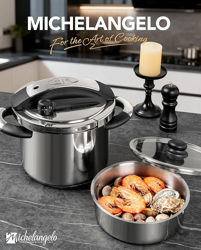 MICHELANGELO Stainless Steel Pressure Cooker 6.3 Quart, 3-in-1 Olla de Presion, One-Hand Locking System, Induction Compatible, with Glass Lid & Steamer