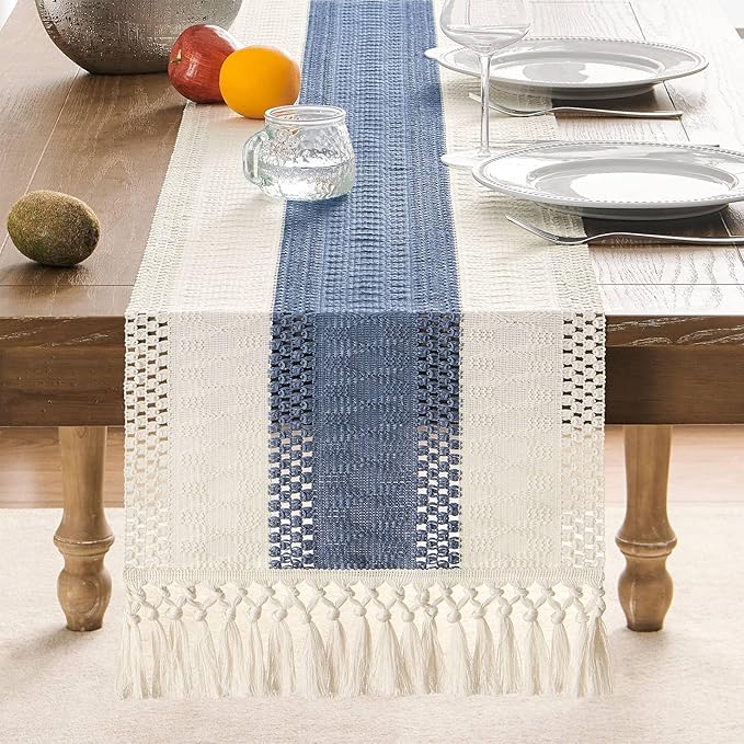 ZeeMart Macrame Style Bicolor Stitching Table Runner, 14 x 60 Inch Blue/Ivory, Boho Blue Table Runners 60 Inches Long, Farmhouse Woven Home Decor