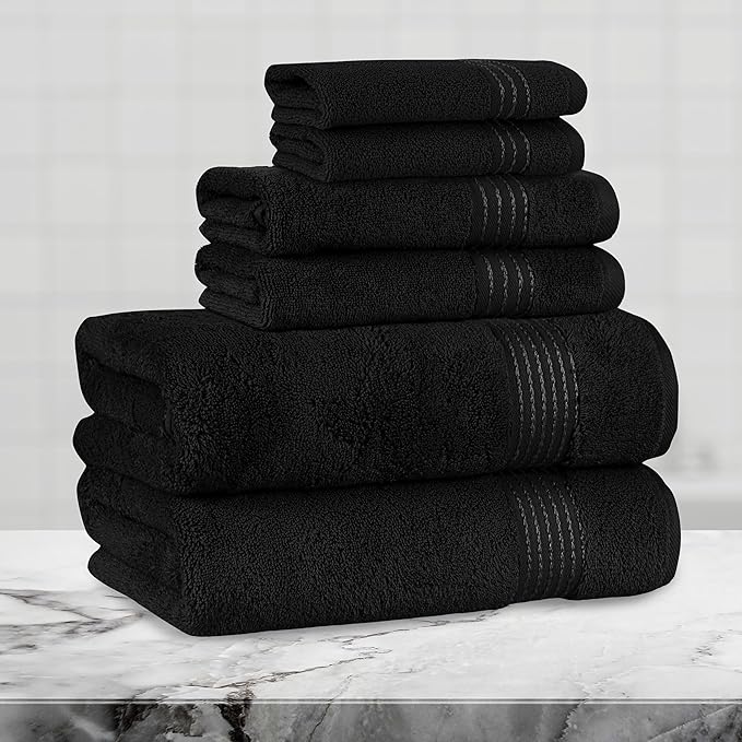 Mocassi Luxury 100% Turkish Cotton 6-Piece Towel Set - Ultra Soft, Quick Dry Highly Absorbent Premium Spa Hotel Quality Bath Towels, Includes 2 Bath Towels, 2 Hand Towels and 2 Washcloths, Black
