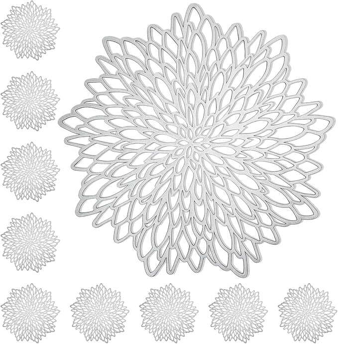 Juvale 10 Pack Silver Metallic Vinyl Placemats - 14.4" x 14.4" Round Table Mats and Chargers with Leaf Design for Elegant Table Decor and Protection - Stylish Charger Plates for Weddings and Parties