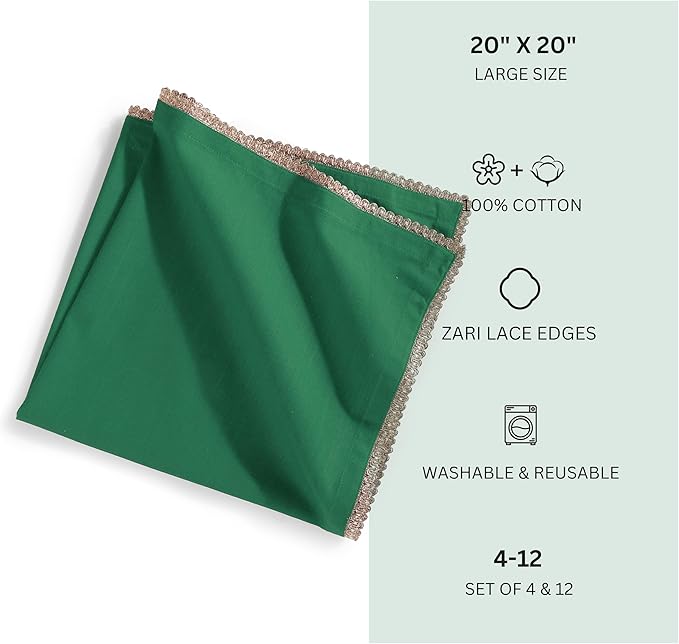 FINGERCRAFT Dinner Cloth Napkin Cotton Blend 12 Pack Mitered Corners with Elegant Golden Lace for Everyday Use Napkins are Pre Shrunk and Good Absorbency Wedding Christmas Special Color Eden Green