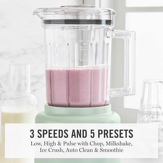 Martha Stewart Countertop Blender, 50oz Jar, 6 Stainless Steel Blades 3 Speeds & 5 Presets, Auto Clean, Smoothies, Crush Ice, Shakes, Chop, Margarita, Measurement Markings, 700W, Honeydew Green