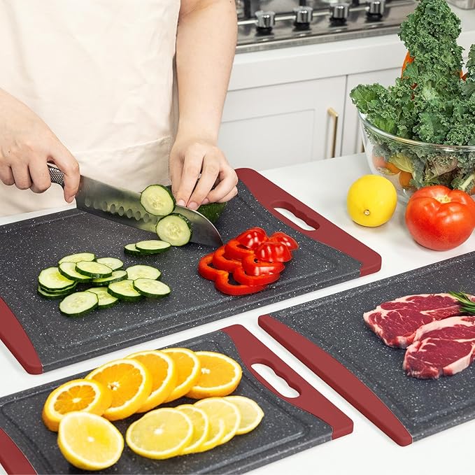 Extra Large Cutting Boards, Plastic Cutting Boards for Kitchen (Set of 3) Cutting Board Set Dishwasher Chopping Board with Juice Grooves Easy-Grip Handles, Red, Empune