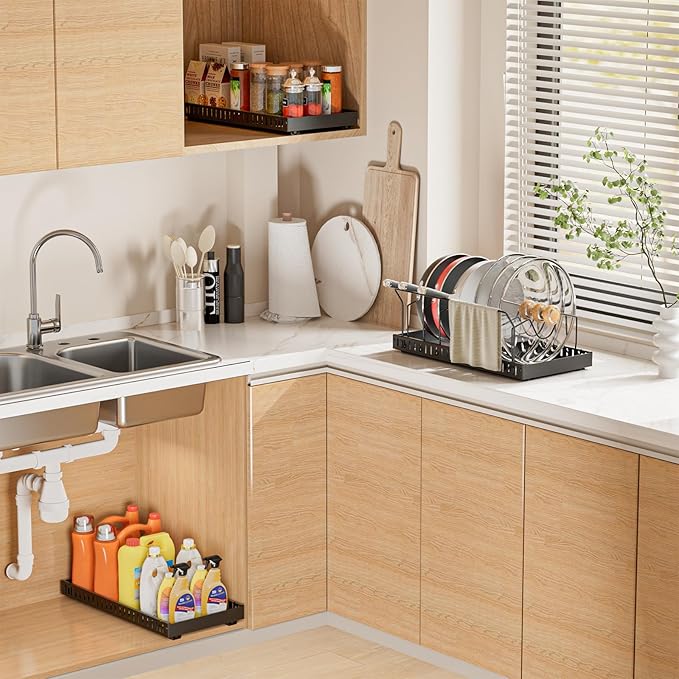 Pots and Pans Organizer Under Cabinet, Pull-out Pots and Pans Organizer, Under Cabinet Pot Lid Holder, Sliding type Pots and Pans Storage with 10 Adjustable Dividers & Handle Bracket - Black
