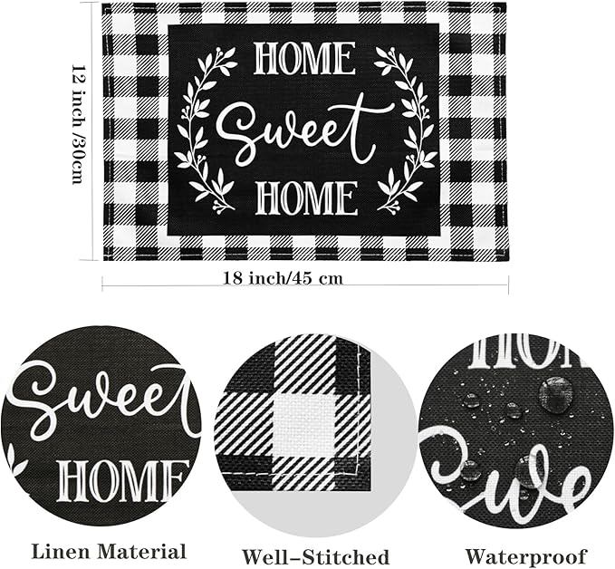 Buffalo Plaid Placemats Set of 6 Black and White Checkered Place Mats Rustic Cloth Table Mats - Linen Washable Wipeable Heat Resistant Placemats for Dining Table Kitchen Coffee Dinner