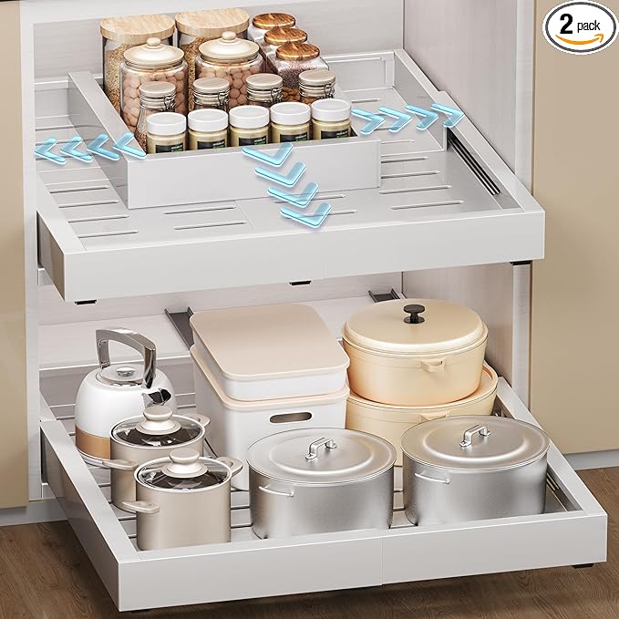 2 Pcs Pull Out Cabinet Organizers, Width (12"-19") and Depth (17"-23") Expandable With 3 Slides, No Drill Slide out Drawers Adhesive Film or Nail Cabinets Without Lip in Kitchen, Bathroom