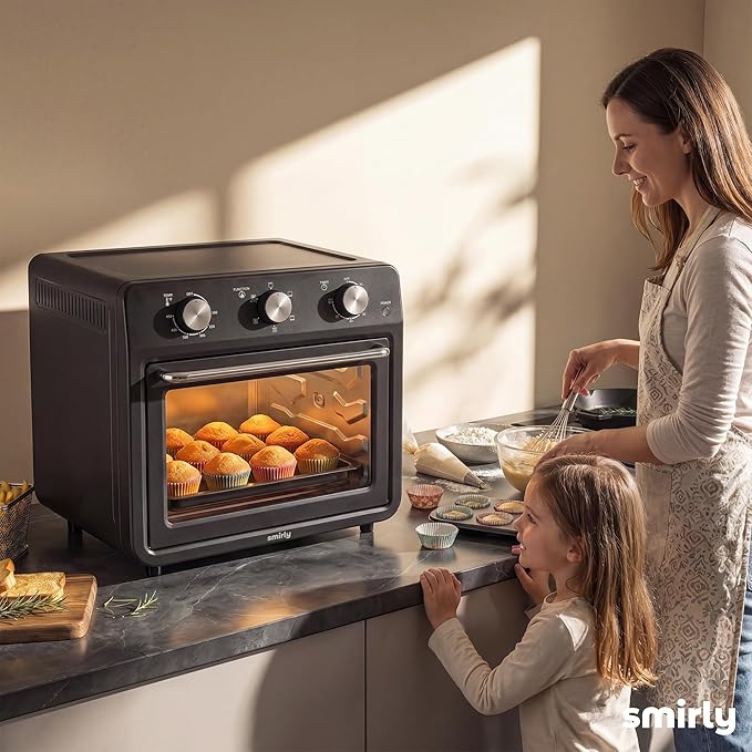SMIRLY 6-in-1 Air Fryer Toaster Oven Combo, 27QT Convection Oven Countertop, 60 Min Timer, 1800W Oven for Toast, Roast, Bake, Reheat, Broil, Warm, Fits up to a 5 lb Turkey, 12" Pizza, 8 Toast, Black
