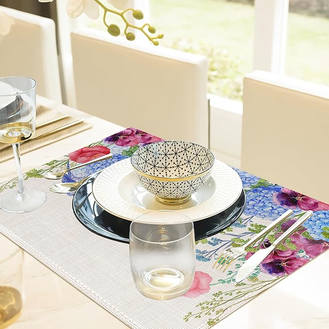 Vintage Floral Botanical Butterfly Placemats Set of 6, 12x18 Inch Waterproof Stain Resistant Linen Table Placemats Summer Seasonal Farmhouse Kitchen Party Decor Home Decor