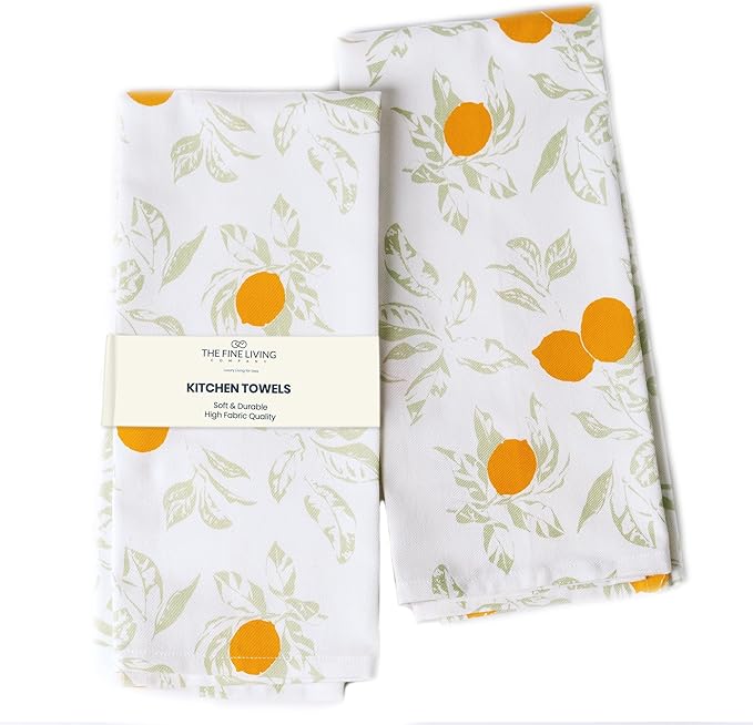 The Fine Living Co. 100% Cotton Kitchen Towels Set of 2, 18 x 28 inches, Lemon Printed Dish Towel, Hand Towels, Kitchen Towels, Boho Tea Towels - Multifunctional, Stylish, Absorbent, Soft