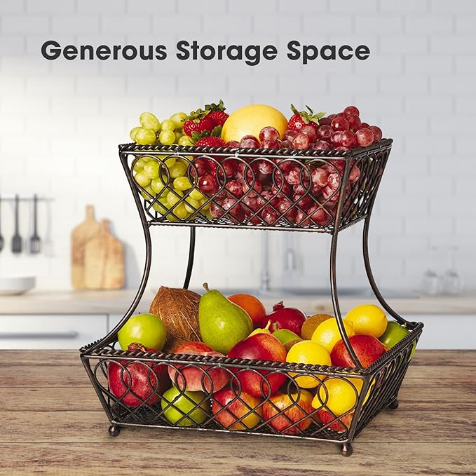 Gourmet Basics by Mikasa Loop and Lattice 2-Tier Rectangular Metal Countertop Basket, 14.25 x 12 Inches, Antique Black Finish, Kitchen Fruit and Bread Storage Organizer