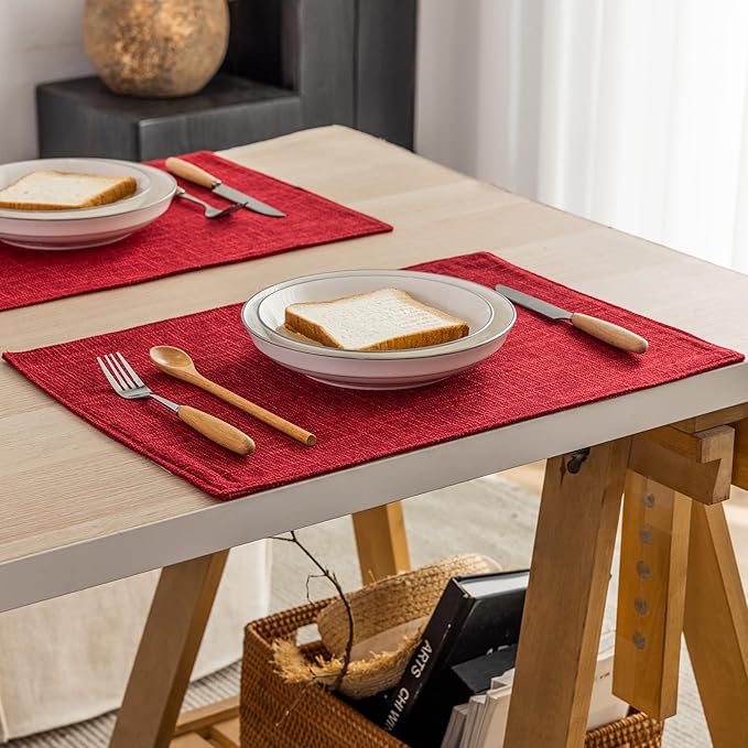 Kevin Textile Christmas Burlap Linen Placemats Set of 6 Heat Resistant Dining Table Place Mats Washable Kitchen Table Mats for Dinning Party Holiday Indoor Outdoor, 13 x19 inches, Burgundy