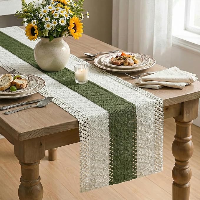 Artoid Mode Army Green Farmhouse Rustic Table Runner, Seasonal Holiday Hollow Kitchen Dining Table Decoration for Home Party Decor 12x36 Inch