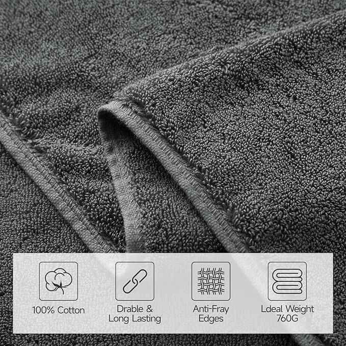 REDKISS 2 Pack Large Bath Towels Set, 100% Cotton, 31x63 in, Heavyweight 760G, Highly Absorbent & Quick Dry, Super Soft Luxury Towels for Bathroom,Hotel Collection - Dark Gray