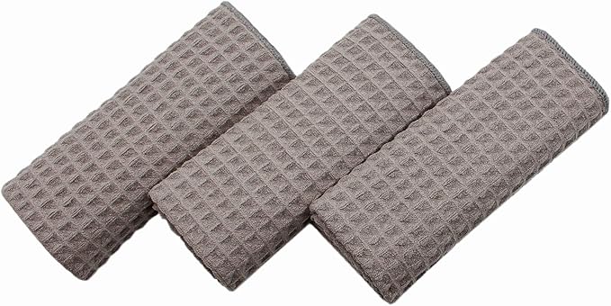 Waffle Weave Thick Microfiber Dish Drying Towels Absorbent Tea & Hand Towel Lint Free 16x24 Inch 3 Pack Gray