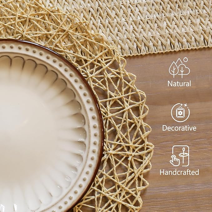 AHHFSMEI Paper Braided Round Placemats Set of 6 Natural Non-Slip Heat Resistant Table Mats for Dining Tables Woven Indoor & Outdoor Place mats(Beige)