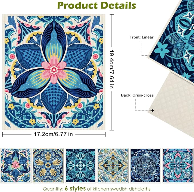 6 Packs Swedish Paper Cloths for Kitchen, Reusable Paper Towels Washable Dish Rags, Highly Absorbent Kitchen Towels Quick Drying Swedish Sponge Cleaning Dish Cloths(Blue Retro Floral)