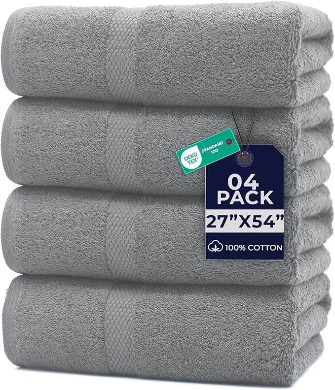 DAN RIVER Bath Towels Set of 4, 27 x 54 Inches, 100% Cotton, Larger & Lighter Weight, Quicker to Dry, Super Soft and Absorbent, Ideal Thick Towels for Daily Use, Silver