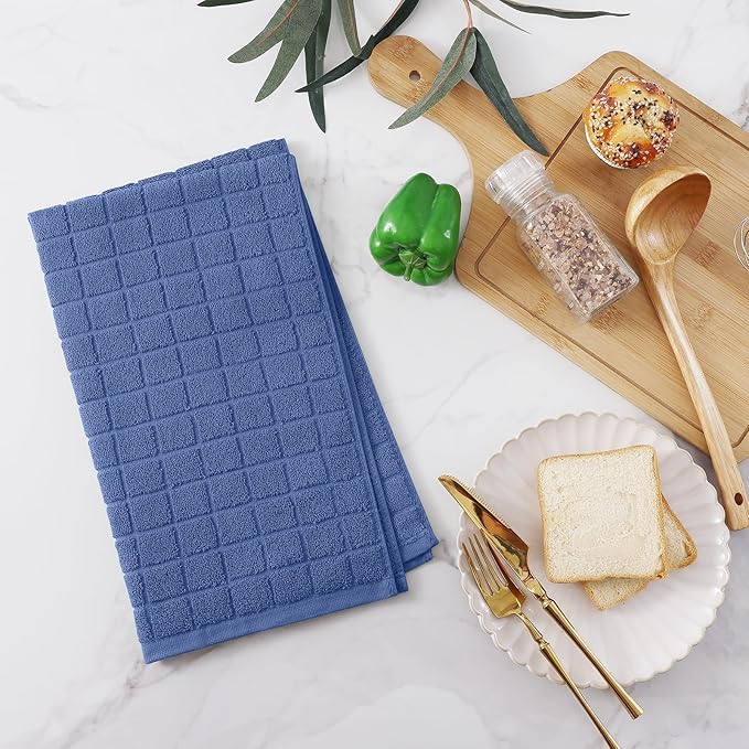 Homaxy Premium Cotton Kitchen Towels 16"x 28", Large Natural Ring Spun 390 GSM Dish Towels, Super Absorbent Terry Kitchen Hand Towels, Soft Tea Towels with Hanging Loop, Pure Navy Blue Design, 12 Pack