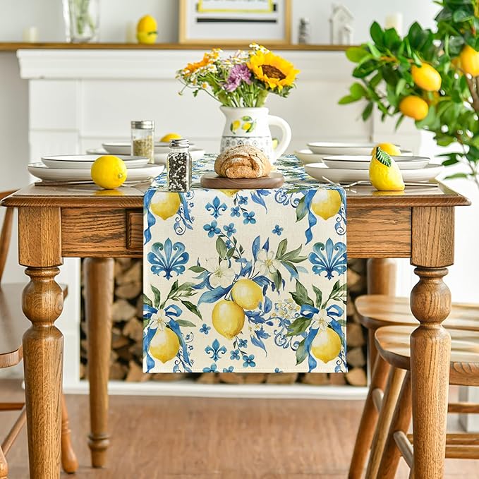 Artoid Mode Blue Lemon Iris Summer Table Runner, Seasonal Spring Kitchen Dining Table Decor for Home Party Decor 13x36 Inch
