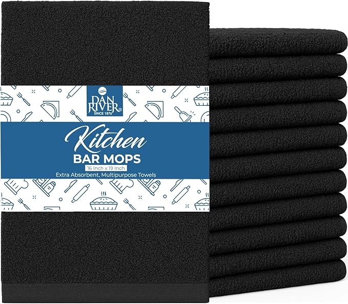 DAN RIVER Kitchen Bar Mops,Pack of 12,16 by 19 Inches,100% Cotton Super Absorbent,Multi-Purpose Cleaning Towels for Home and Kitchen Bars-Black