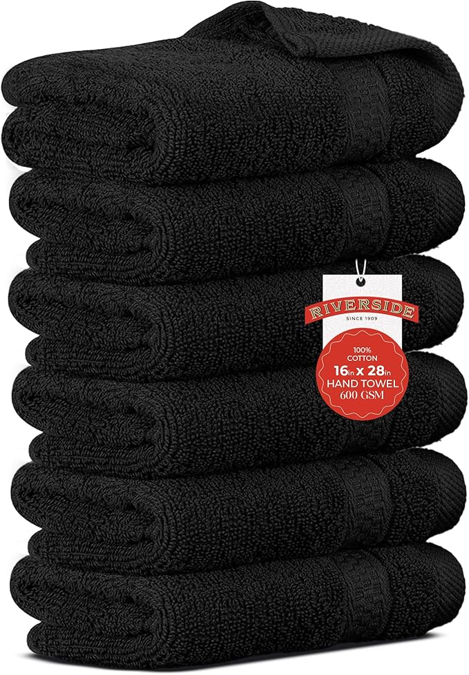 RIVERSIDE 6 Pack Premium Hand Towels Set, 16x28 inches, 100% Ring Spun Cotton, 600 GSM, Soft, Quick Dry and Highly Absorbent, Towels for Bathroom, Kitchen, Gym, Spa - Black