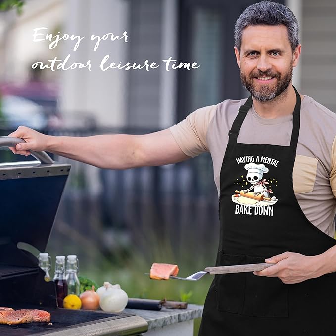 Funny Skeleton Baker Baking Apron with Pockets, Baking Lovers Bread Baker Gifts, Having a Mental Bake Down Waterproof Adjustable Cooking Apron for Kitchen Dishwashing Grilling