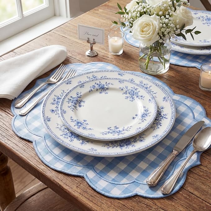 Breling Set of 6 Blue Gingham Placemats Scalloped Embroidered Cotton Linen Placemats 17" x 13" Double Layered Machine Washable Table Place Mat for Wedding Birthday Baby Shower Party Table Decor