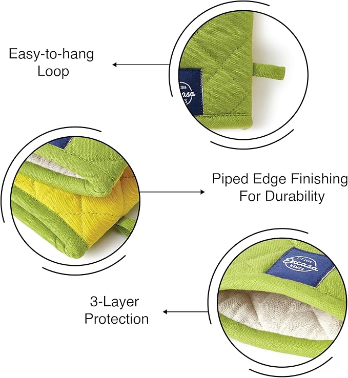 Encasa XO Heat Resistant Cotton Oven Gloves Mitts (2 Pc Set) - Quilted & Safe 12x6.6 in - for Kitchen, Cooking & Baking, Grilling, Handling Hot Pots & Pans - Lime Green