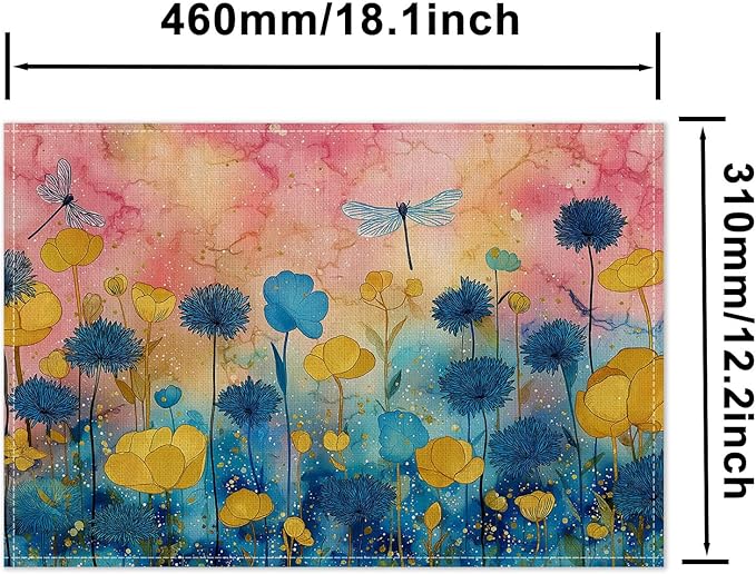 HOMETITUTE Linen Placemats Set of 4 12x18 inch Spring Table Mats for Dining Table Colorful Floral Farmhouse Decorations Kitchen Decor Desk Mat for Outdoor Home Party Kitchen Seasonal Dining Decor