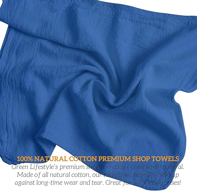 GREEN LIFESTYLE Shop Towels 12" x 14" 50 Pack - Blue Cotton Shop Towels, Cleaning Rags, Reusable Shop Rags, Absorbent Terry Cloth Cleaning Towels for Garage, Automotive, Industrial and Home Use