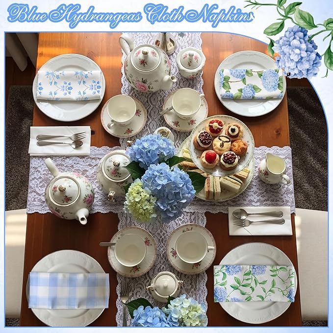Hydrangea Floral Cloth Napkins 6 Patterns Washable Dinner Tea Party Napkins Reusable Plant Flowers Square Napkin Cotton Towel Decorative for Spring Wildflower Party(Blue Hydrangea,12 Pcs)
