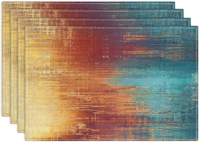 Emvency Farmhouse Placemats Set of 4, 12x18 Inch Blue and Orange Vintage Abstract Messy Rust Painting Table Mats for Outdoor Home Party Kitchen Dining Decoration