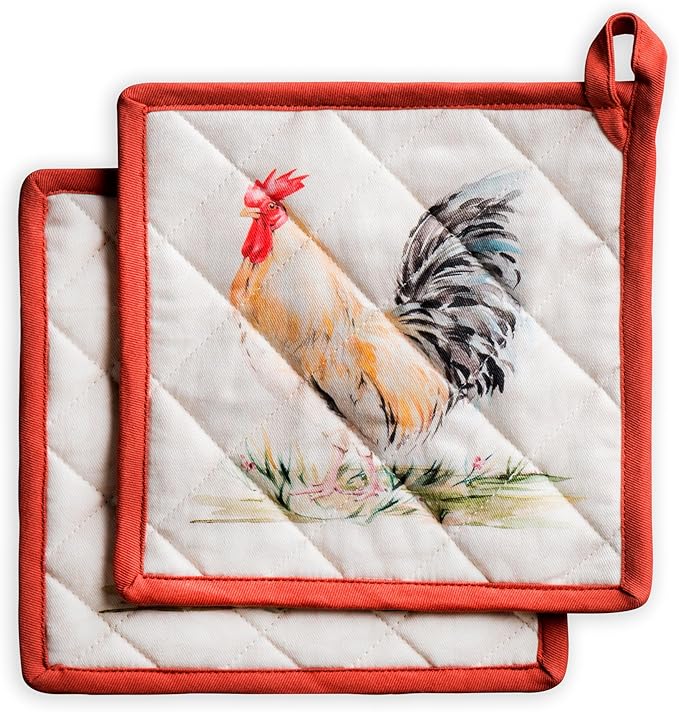 Maison d' Hermine Pot Holders 100% Cotton Heat Resistant Potholders 8" x 8" Hot Pads with Loop BBQ Cooking Baking Gifts for Mothers Day Handling Hot Pans Spring/Summer (Pack of 2, Campagne)