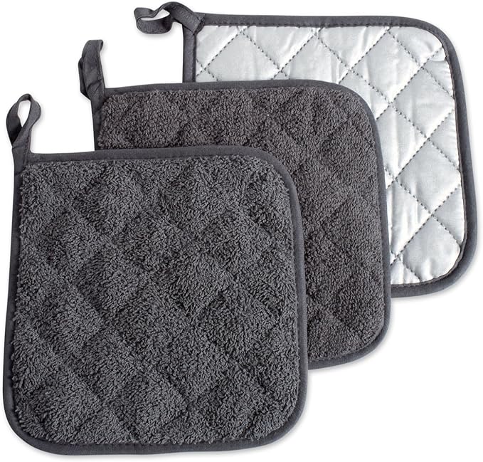 DII Basic Terry Collection Quilted 100% Cotton, Potholder, Mineral Gray, 3 Piece
