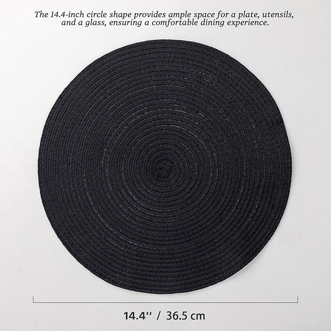 Round Placemats Set of 6 Woven Placemats Washable Braided Table Mats for Dining Table Heat Resistant Non-Slip Circle Place Mats(Black)