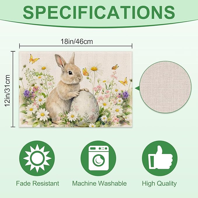 Easter Placemats Set of 4 12x18 inch for Dinning Table, Easter Decor for Party, Home - Bunny and Tulips Farmhouse Table Mat Spring Decroations