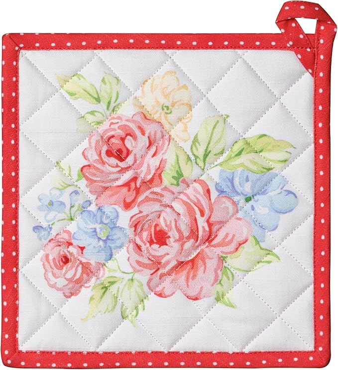 Maison d' Hermine Pot Holders 100% Cotton Heat Resistant Potholders 8" x 8" Hot Pads with Loop BBQ Cooking Baking Gifts for Mothers Day Handling Hot Pans Spring/Summer (Pack of 1, Vintage Floral)