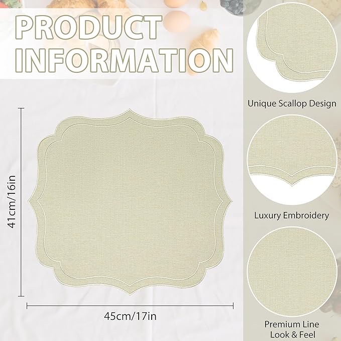 Set of 4 Cotton Linen Placemats, 16 x 18 Linen Color Wavy Embroidery Cloth Placemat Double Layered Fabric Machine Washable Wrinkle Free Dining Table Mats for Hotel Restaurant Kitchen