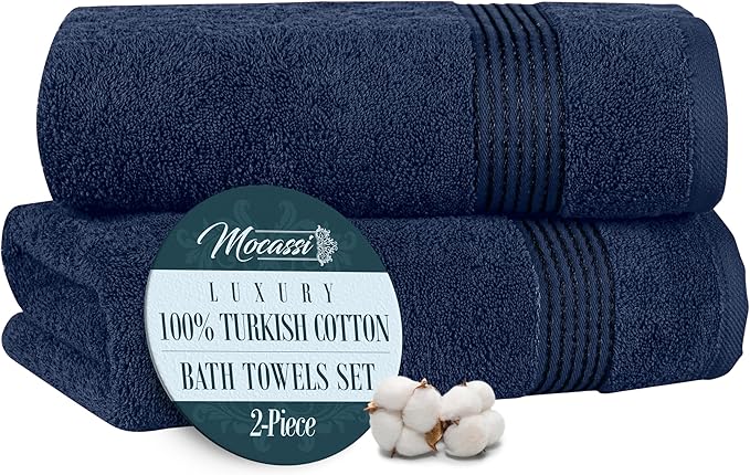 Mocassi Luxury 100% Turkish Cotton 2-Pack Bath Towel Set- Ultra Soft, Quick Dry Highly Absorbent 27 x 54 inch Premium Spa Hotel Quality 2PC Bath Towels - Luxurious Soft Bathroom Towels, Navy Blue