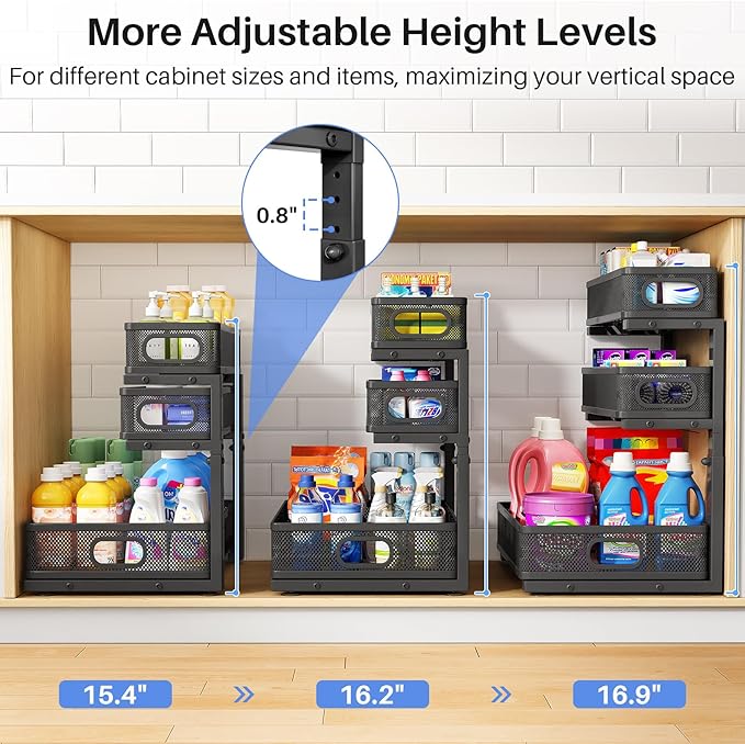 Under Sink Organizer, 1-Pack 3-Tier Thickened Metal Pull out Cabinet Organizer Shelf, Height Adjustable Slide out Storage Drawer Rack for Kitchen Bathroom Pantry Laundry Home Office Organization