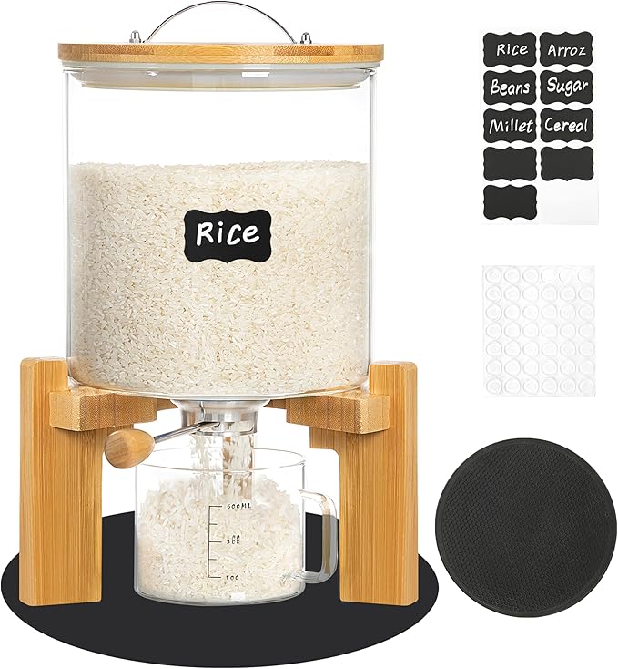 8-10 lbs Glass Rice Dispenser with Wooden Stand Flour and Cereal Container with Glass Measuring Cup & Labels & Slider mat Pantry Food Organization Storage Bin with Airtight Bamboo Lid, 5L