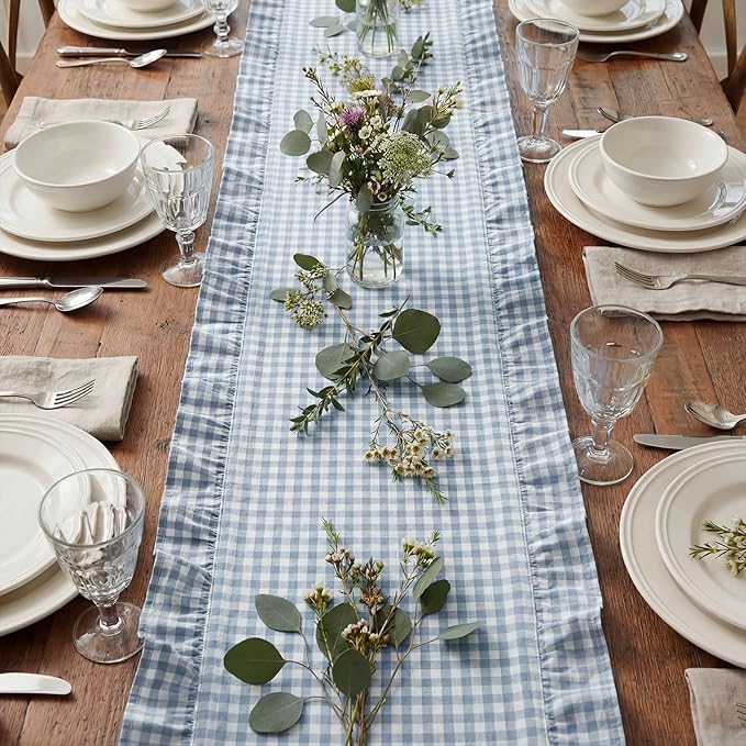 HunnmingRe 1 Pcs Blue Plaid Gingham Ruffle Table Runner 118 x 13.8'' Farmhouse Easter Table Runner 100% Cotton Scalloped Long Dresser Scarves for Dining Room, Wedding, Kitchen Rustic Home Decor
