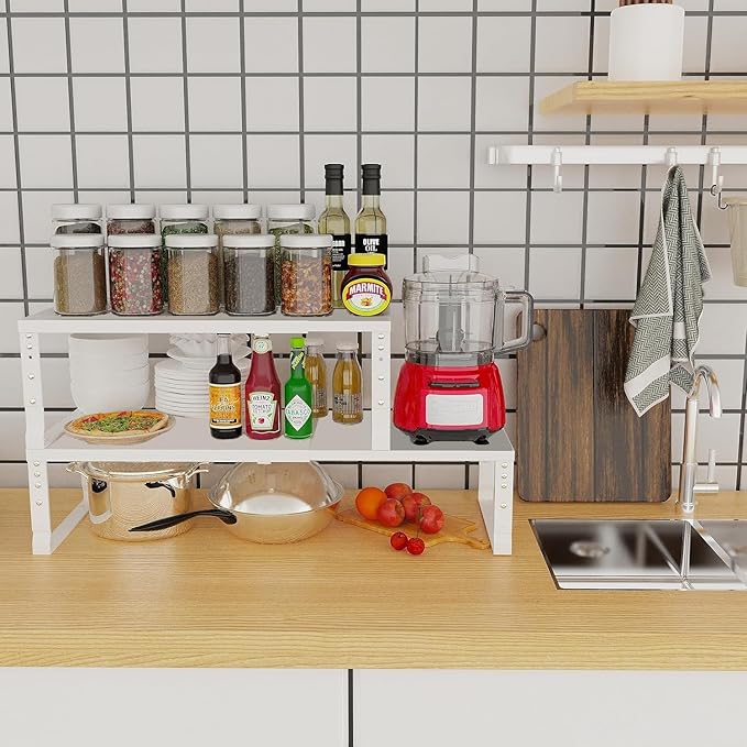 Jojocross Expandable Cabinet Shelf Organizer Storage Spice Rack Shelves for Kitchen Stackable Adjustable Pantry Cupboard Bathroom Countertop Desktop(2Packs/White/Large)