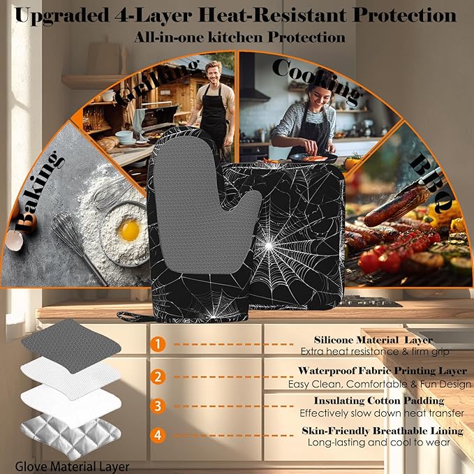 Spider Web Oven Mitts and Pot Holders Sets Silicone Kitchen Mitts Potholders Heat Resistant Oven Gloves Hot Pads for Kitchen Baking Cooking