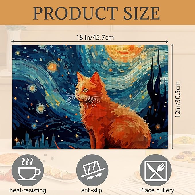 Starry Night Cat Placemats Set of 6,Washable Heat Resistant 12×18 Inch Linen Table Mats Cute Place Mats for Party Outdoor Dining Décor