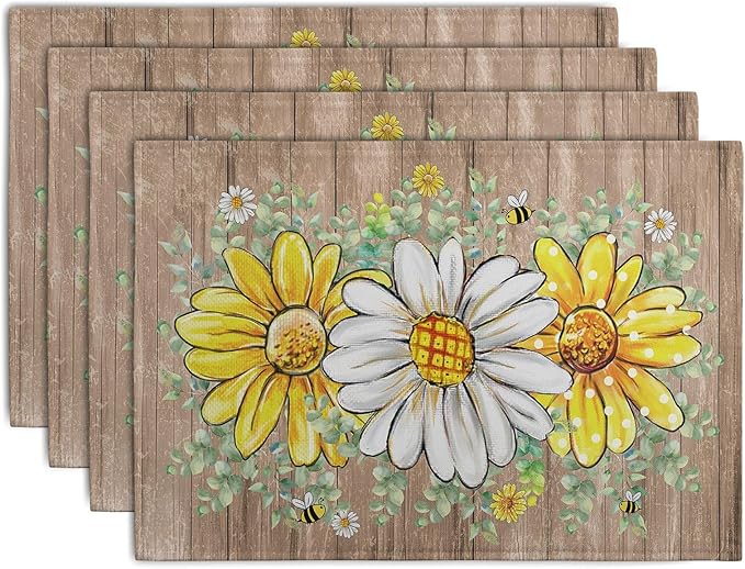 Spring Summer Floral Set of 4 Sunflower Daisy Eucalyptus Leaf Wooden Board Place Mats 12x18 Inch Rustic Vintage Flowers Farmhouse Table Mats for Home Kitchen Dining Decoration