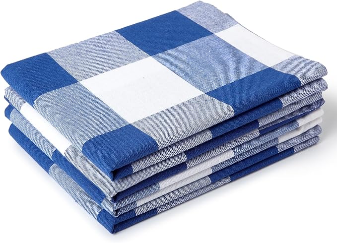 Encasa XO Cotton Kitchen Towel Set | Hand and Tea Cloth for Cleaning & Quick Drying, X-Large 28"x18" (Pack of 4) Highly Absorbent - Buffalo Blue Checks