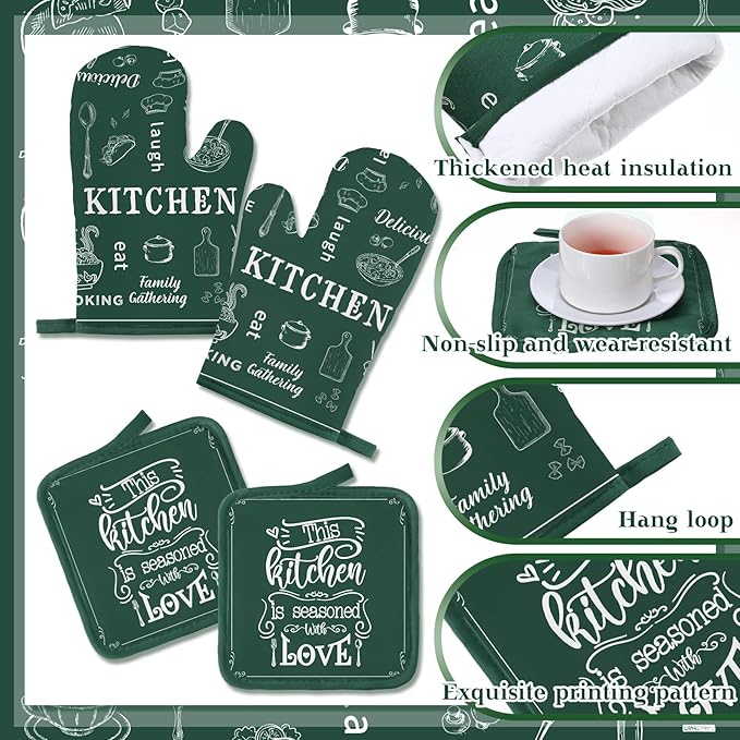 12 Pcs Farmhouse Kitchen Decor and Accessories Sets 4 Green Kitchen Towels 4 Absorbent Dishcloths 2 Pot Holders 2 Oven Mitts Gloves for Home Decorations Mom Gifts
